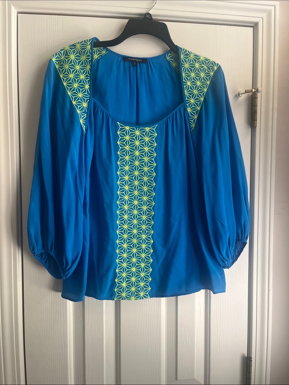 Nanette Lepore Blue Peasant Top with Neon Yellow Embroidery